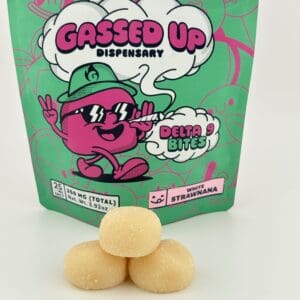 Gassed Up Strawnana Delta 9 gummies, strawberry banana flavor, 25mg per piece, 10-count pack